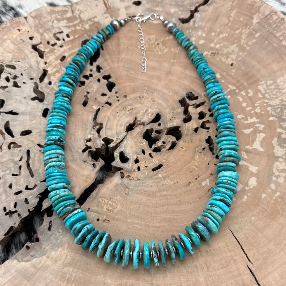 1990s NATIVE AMERICAN Sterling Silver & Turquoise Graduated Disc Necklace Adjust